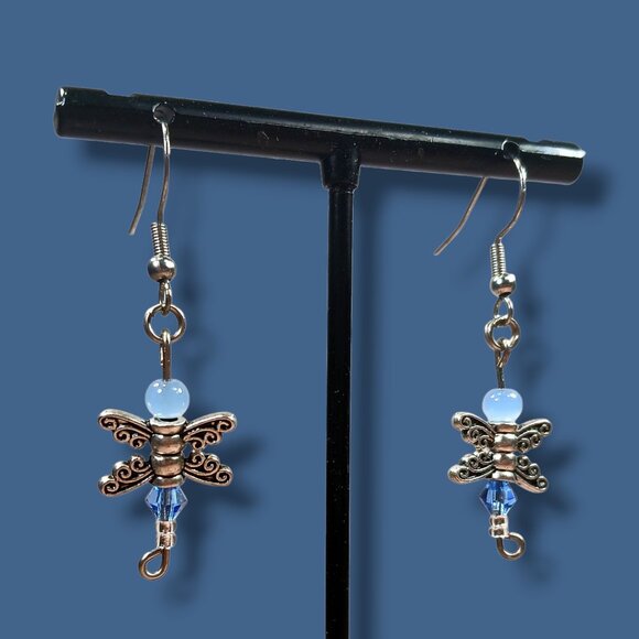 Blue Crystal Dragonfly Dangle Earrings - Picture 1 of 9